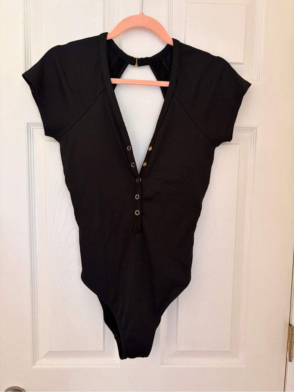 Robin Piccone Amy Rib Snap Front One Piece Swimsuit Black Size 12 Open Back - Picture 2 of 4
